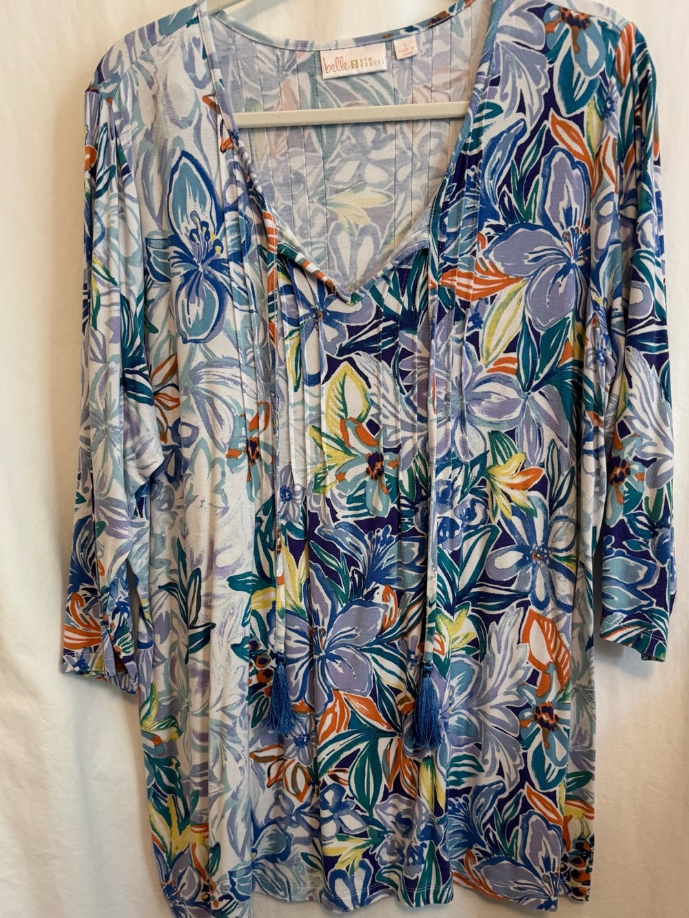 Belle by Kim Gravel Tunic Top Tropical Floral Blue Green Orange Size Large